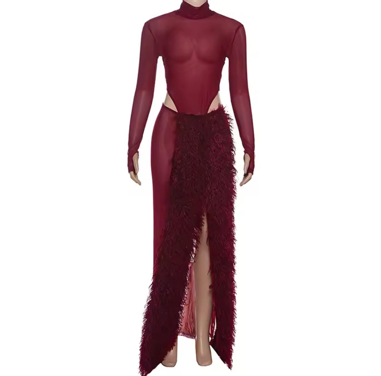 Olandri sheer fur long skirt set
