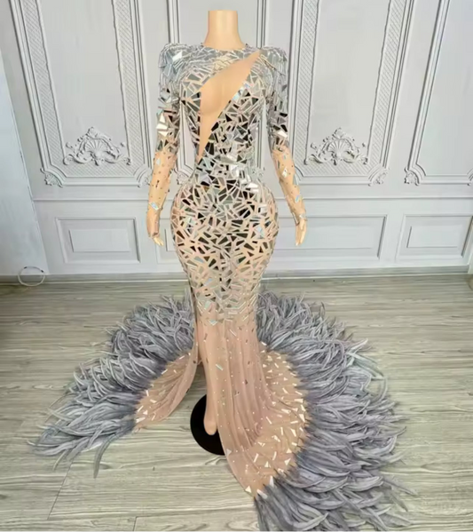 Glassquin mirror glam feathers gown