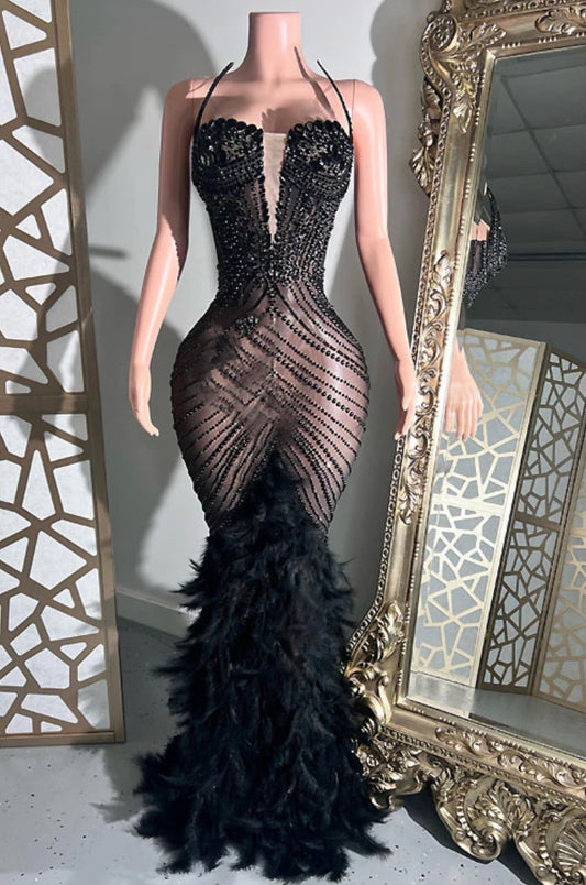 Kristin diamond feather tail gown- black