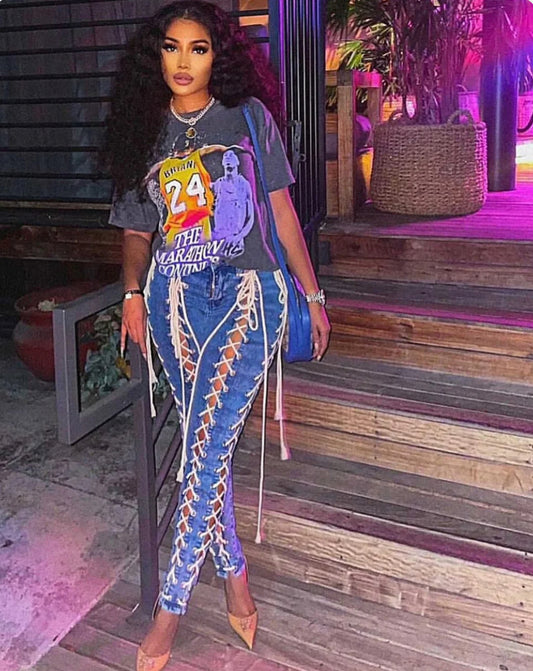 Laced me up rope denim pants