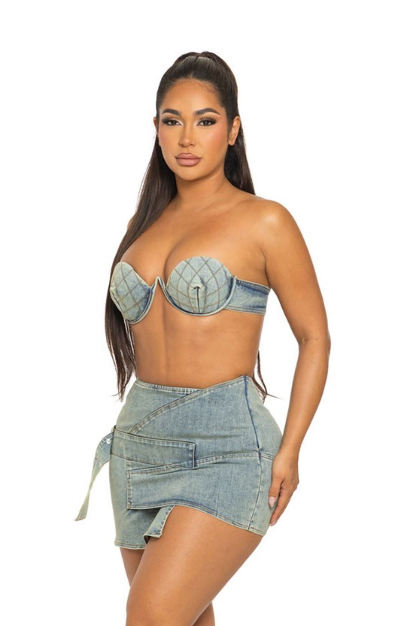 Denim bust girl mini skirt set