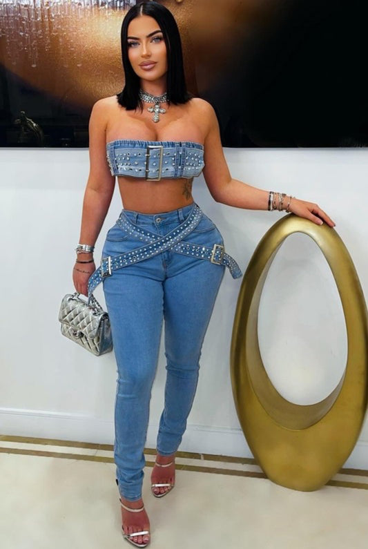 Buckled across me denim pants set
