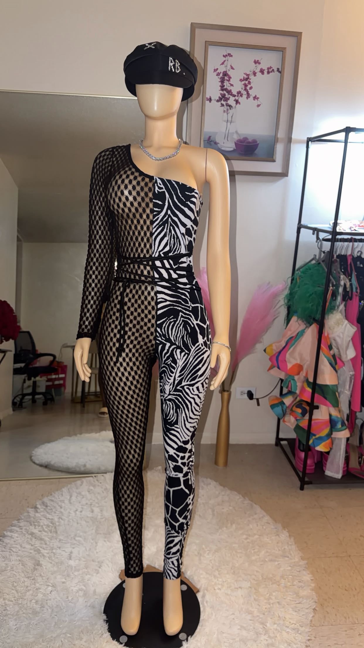 Venekki half lace one shoulder jumpsuit