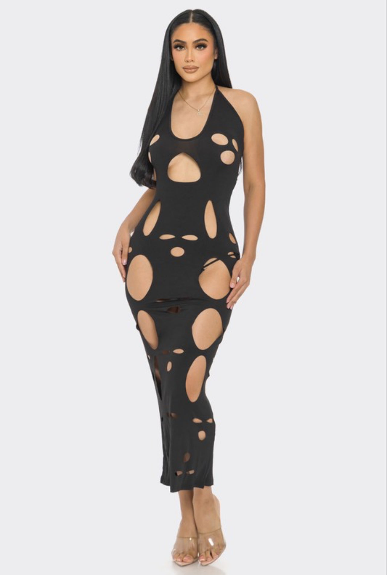 Holes in halter maxi dress