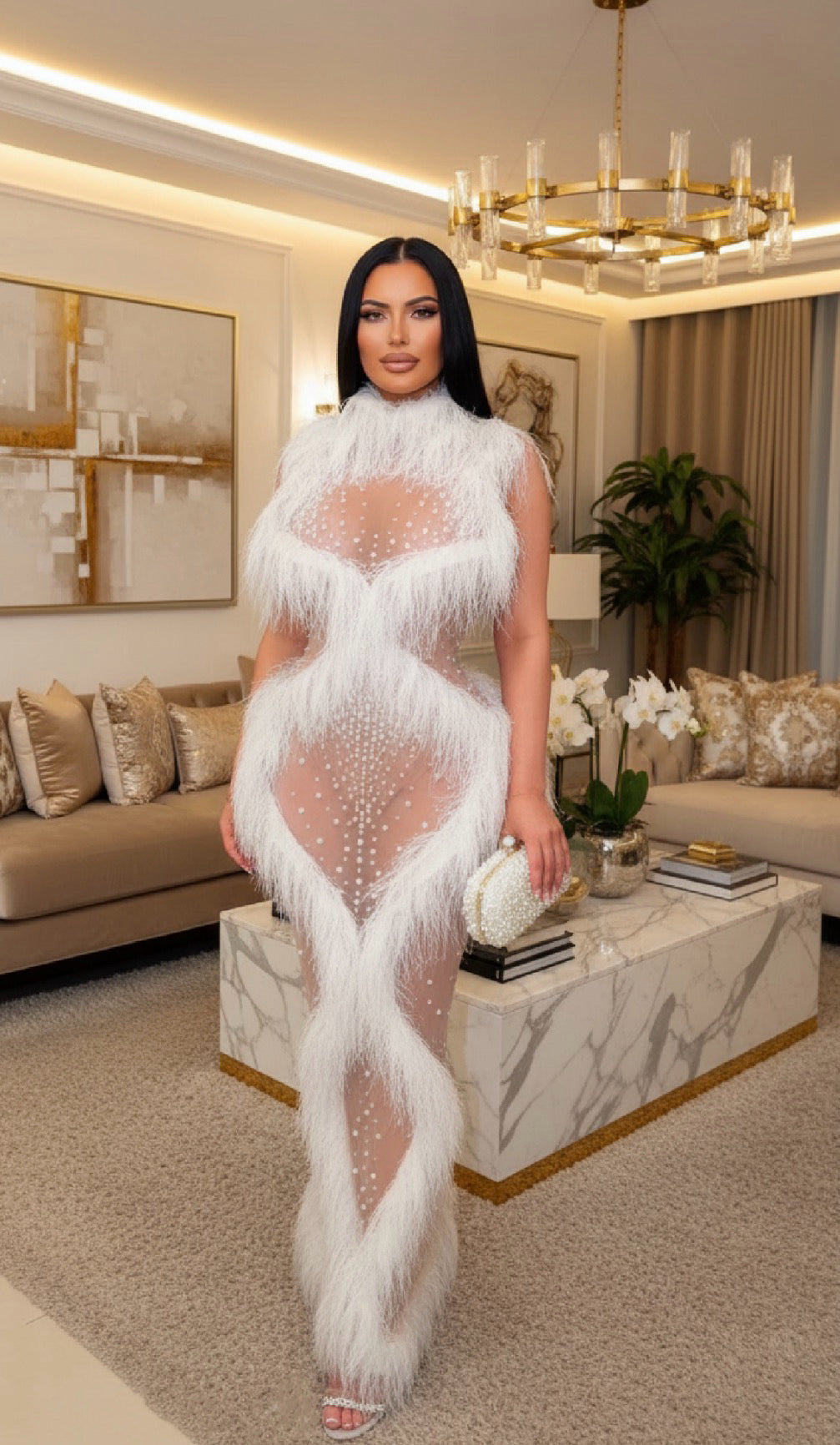 Gervinni frost fur pearls glam dress