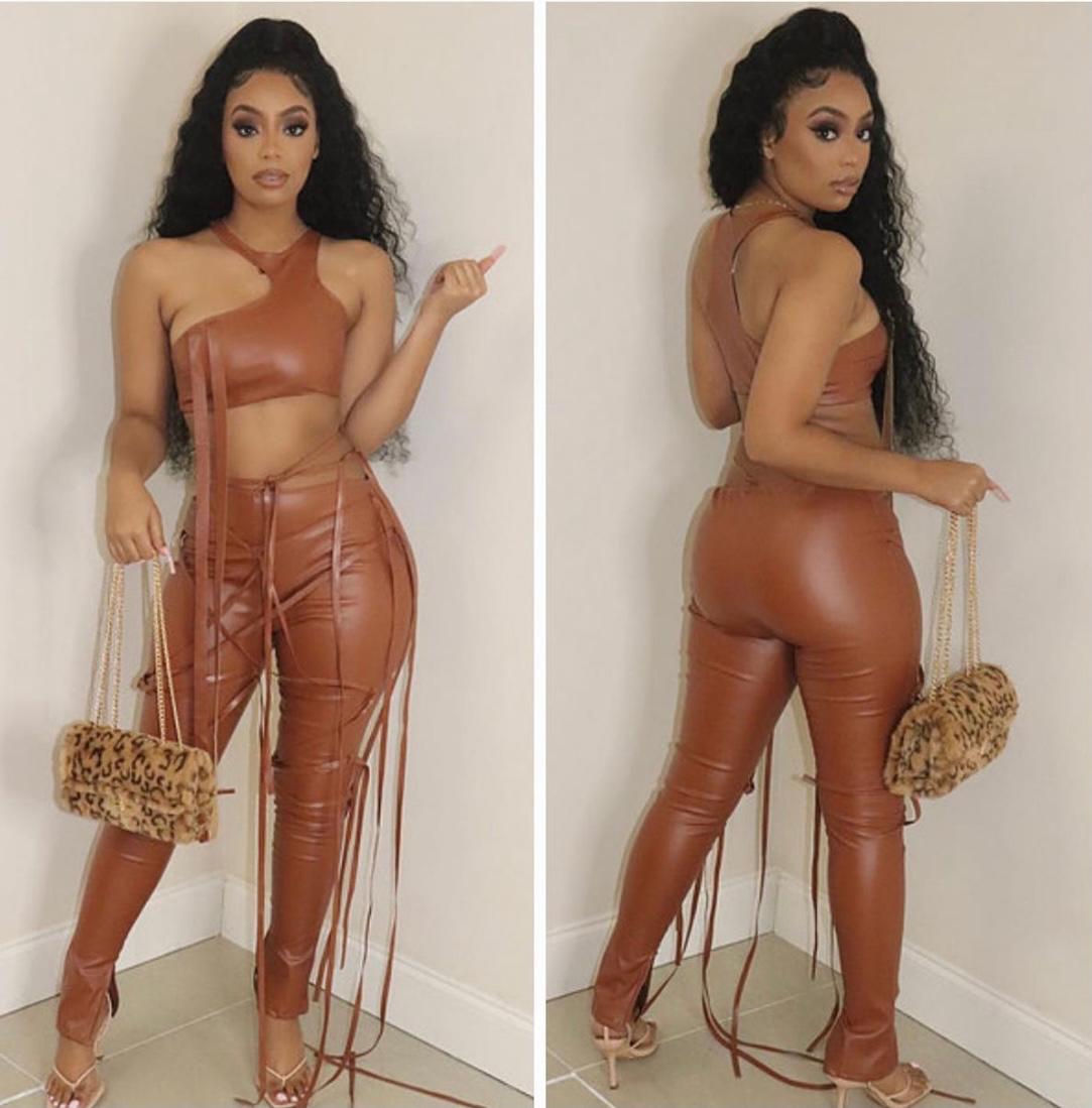 Leather on distress pants set