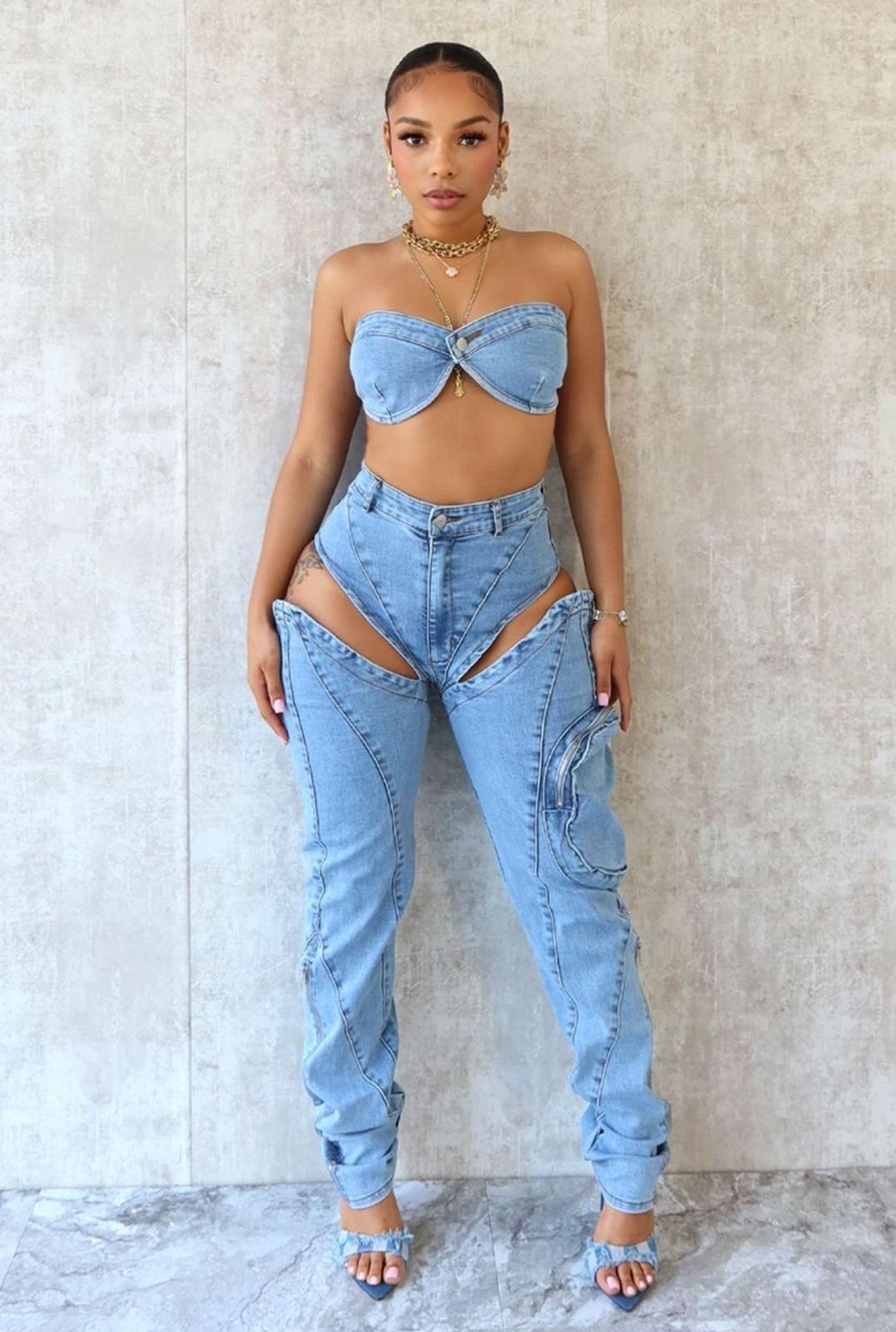 Nauni cutout denim pants set