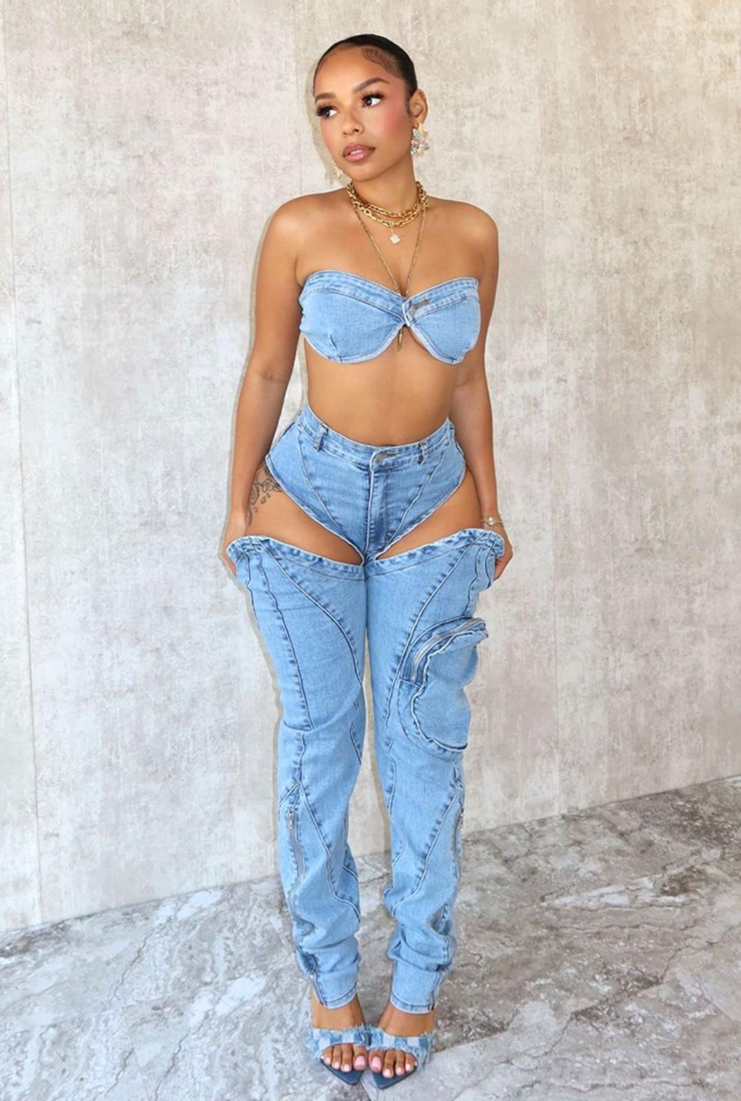 Nauni cutout denim pants set