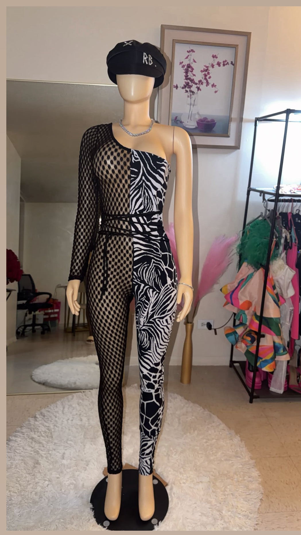 Venekki half lace one shoulder jumpsuit