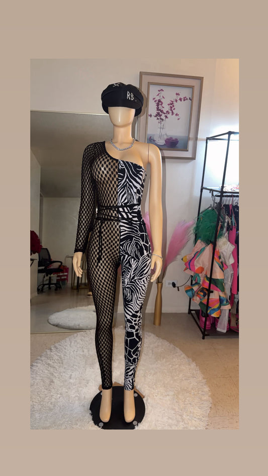 Venekki half lace one shoulder jumpsuit